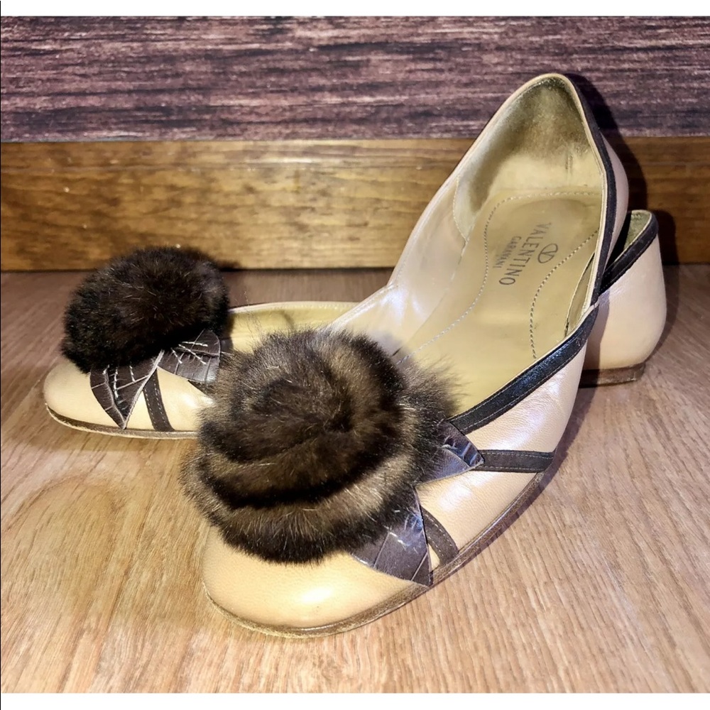 Valentino Garavani Fur Pom Puff Leather Flats Shoe